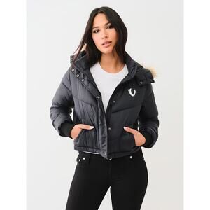 NWT‎ True Religion Fur Trim Puffer Jacket Jet Black Women’s Size Medium $199